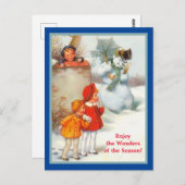 笑顔の雪だるま,子供と傘のヴィンテージ休日 ポストカード (正面/裏面)