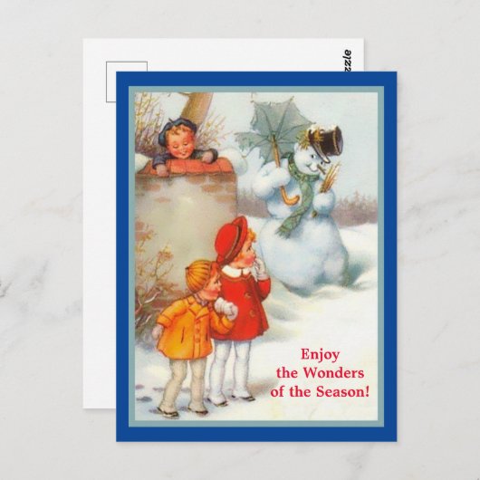 笑顔の雪だるま，子供と傘のヴィンテージ休日 ポストカード (正面/裏面)