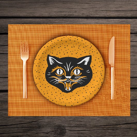 笑顔の黒とオレンジのハロウィーン猫の顔星 ペーパープレート