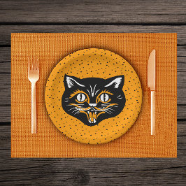笑顔の黒とオレンジのハロウィーン猫の顔星 ペーパープレート