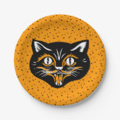 笑顔の黒とオレンジのハロウィーン猫の顔星 ペーパープレート (正面)