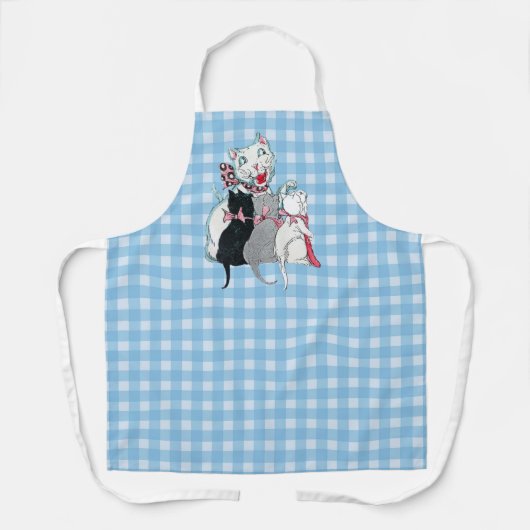 笑顔を描く白猫ネコ3匹を格子状に エプロン (正面)
