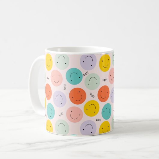 笑顔カラフルの幸せ顔模様 コーヒーマグカップ (正面左)
