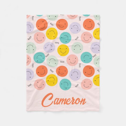 笑顔カラフルの幸せ顔模様 フリースブランケット (正面)