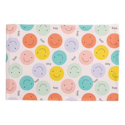 笑顔カラフルの幸せ顔模様 枕カバー (裏面)