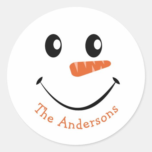 笑顔パーソナライズされた雪だるま ラウンドシール (正面)