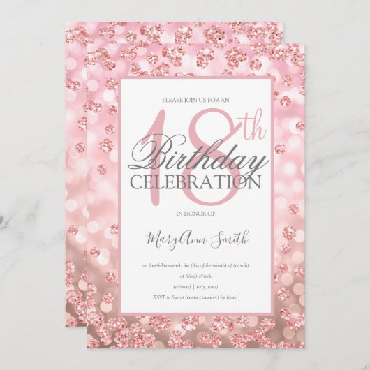 第エレガント18誕生日バラ金ゴールドグリッター灯 招待状 (正面/裏面)