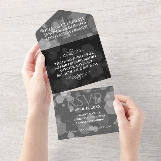 第エレガント4回リネン結婚ズ記念お祝い オールインワン招待状 (貼ってはがせる)