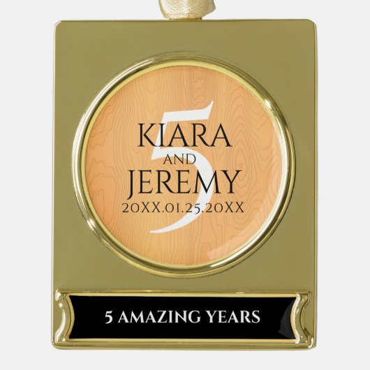 第エレガント5回木結婚祭お祝い ゴールドプレートバナーオーナメント (正面)