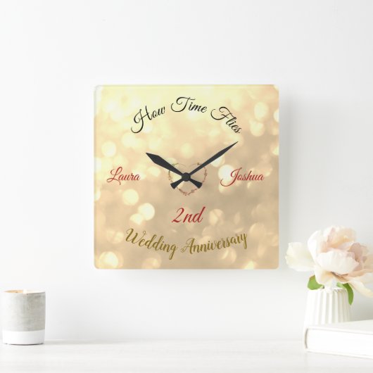 第パーソナライズされた2結婚回記念日 スクエア壁時計 (ホーム)