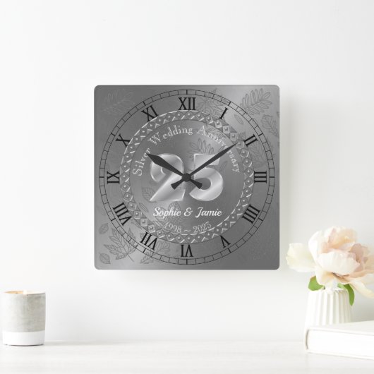 第パーソナライズされた25回銀記念ギフトアイディア スクエア壁時計 (ホーム)