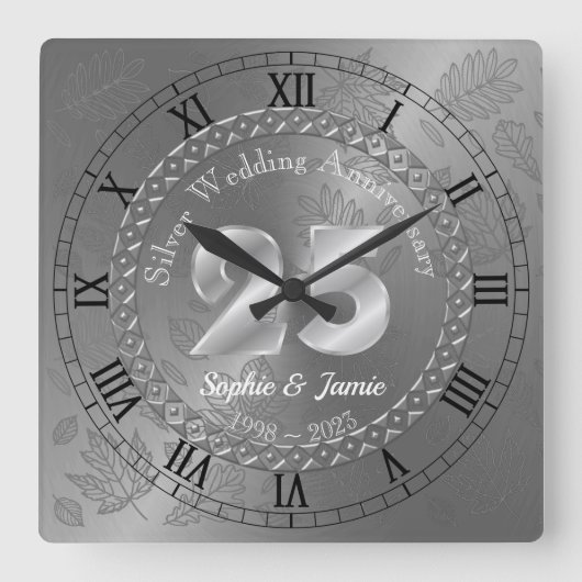 第パーソナライズされた25回銀記念ギフトアイディア スクエア壁時計 (正面)