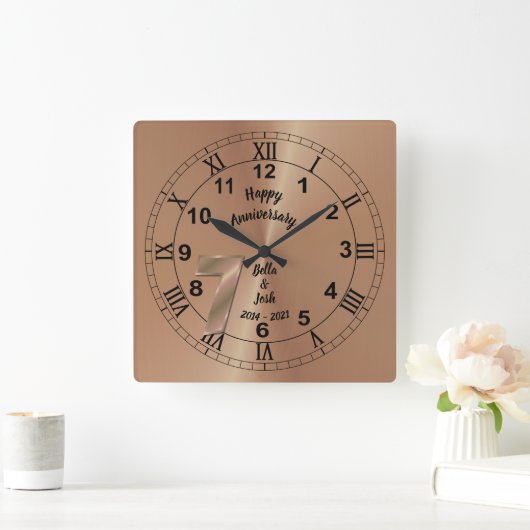 第パーソナライズされた7回銅記念日ギフトアイディア スクエア壁時計 (ホーム)