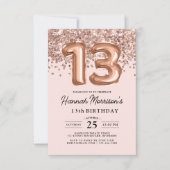 第モダン13誕生日バラ金ゴールドバルーンパーティー 招待状 (正面)