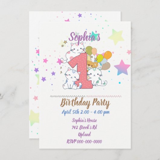 第一回バースデーパーティーかわいい子猫たち 招待状 (正面/裏面)