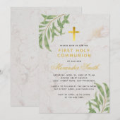 第一回聖体拝領 葉緑色 ゴールド マーブル ウィロー 葉っぱ 招待状 (正面/裏面)