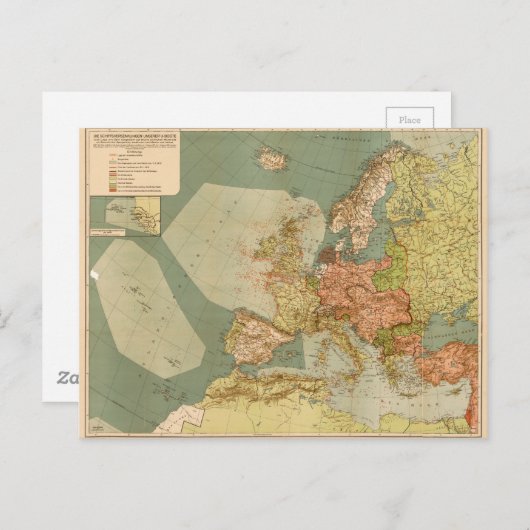 第一次世界大戦ドイツ潜水艦(Uボート)の地図(1918) ポストカード (正面/裏面)