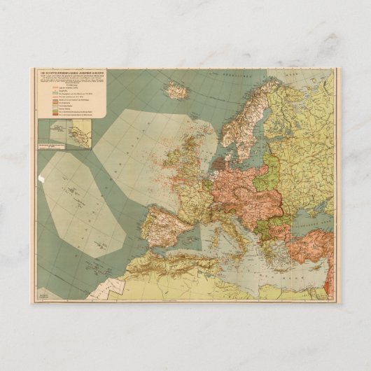 第一次世界大戦ドイツ潜水艦(Uボート)の地図(1918) ポストカード (正面)