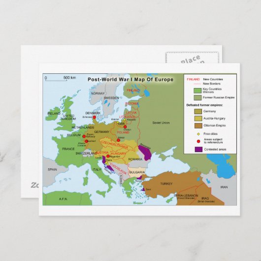 第一次世界大戦後のヨーロッパの地図 ポストカード (正面/裏面)
