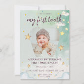 第一歯パーティーかわいい水色スターベビー写真 招待状 (正面)