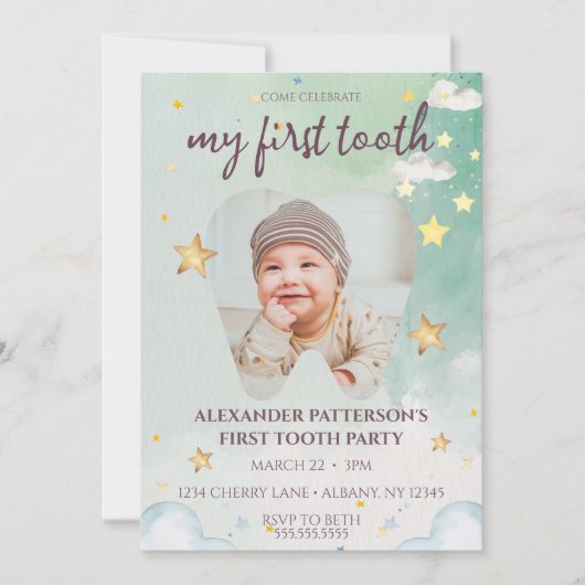 第一歯パーティーかわいい水色スターベビー写真 招待状 (正面)