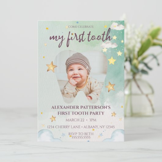 第一歯パーティーかわいい水色スターベビー写真 招待状 (スタンド正面)