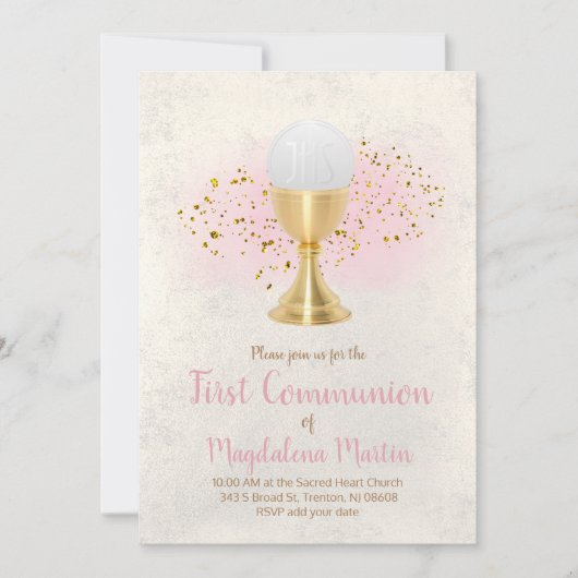 第一聖体フェイクグリッターとピンクの水色 招待状 (正面)