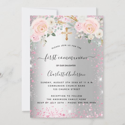 第一聖体女子シルバーピンクの花模様が輝く 招待状 (正面)