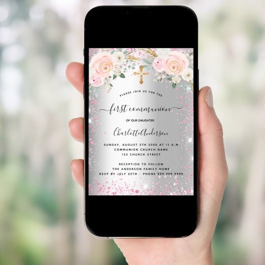 第一聖体女子シルバーピンクの花模様が輝く 招待状