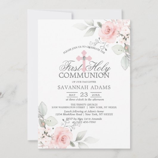 第一聖体拝領の水の色ピンクのローズガール 招待状 (正面)