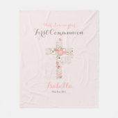 第一聖体赤面ピンクフローラクロスネーム逃げる フリースブランケット (正面)