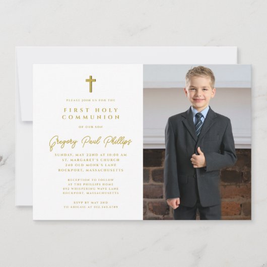 第一聖体金ゴールドホワイトミニマル少年の写真 招待状 (正面)
