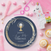 第一聖聖餐式ブルーとフェイク金ゴールド箔 ペーパープレート (パーティー)