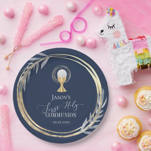 第一聖聖餐式ブルーとフェイク金ゴールド箔 ペーパープレート (パーティー)