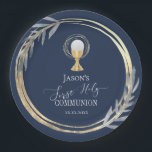 第一聖聖餐式ブルーとフェイク金ゴールド箔 ペーパープレート<br><div class="desc">第一聖餐式紙プレート</div>