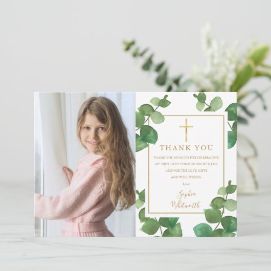 第一聖聖餐式ユーカリの緑の写真 サンキューカード (スタンド正面)