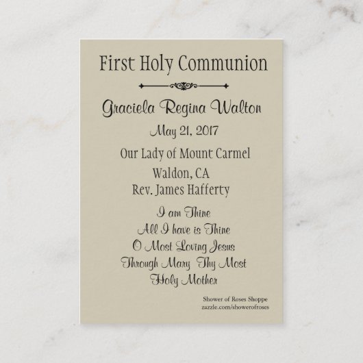 第一聖餐式のための女の子のカトリックの神聖カード 名刺 (裏面)