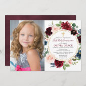 第一聖餐式の女の子ブルゴーニュ赤面青い写真 招待状 (正面/裏面)