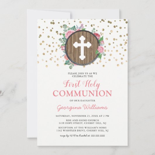 第一聖餐式の女宗教十字架 招待状 (正面)