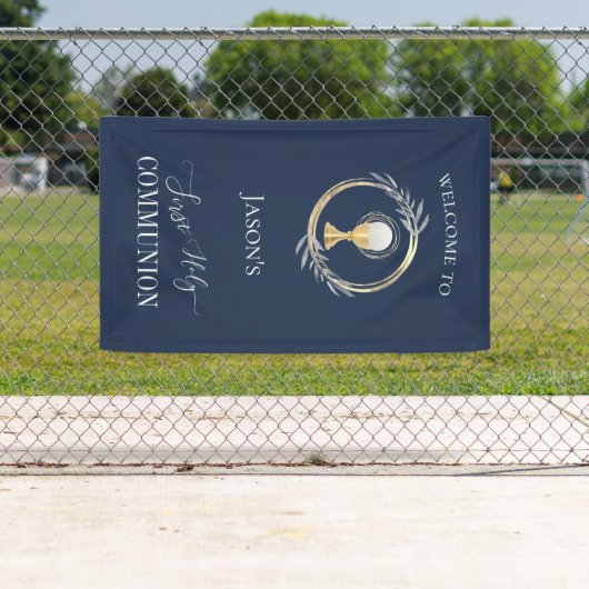 第一聖餐式クラシックブルーとフェイク金ゴールドサークル 横断幕 (インサイチュ)