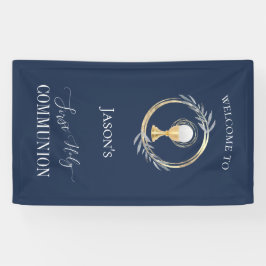 第一聖餐式クラシックブルーとフェイク金ゴールドサークル 横断幕