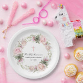 第一聖餐式ピンクのバラ花十字架 ペーパープレート (パーティー)