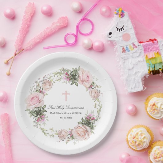 第一聖餐式ピンクのバラ花十字架 ペーパープレート (パーティー)