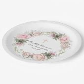 第一聖餐式ピンクのバラ花十字架 ペーパープレート (アングル)