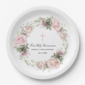 第一聖餐式ピンクのバラ花十字架 ペーパープレート (正面)