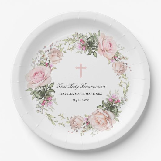 第一聖餐式ピンクのバラ花十字架 ペーパープレート (正面)