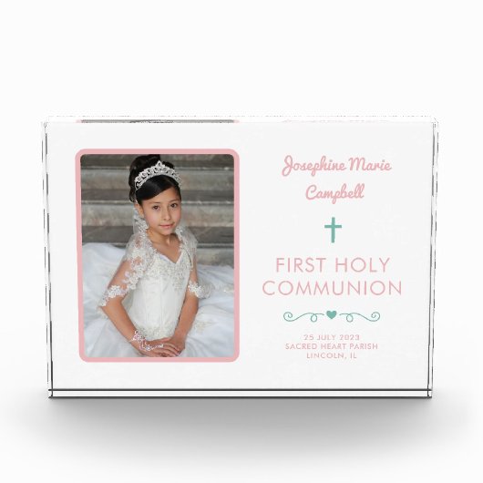 第一聖餐式ピンクの少女の宗教記念 フォトブロック (正面)