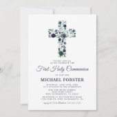 第一聖餐式ボーイズブルーフローラ十字架 招待状 (正面)