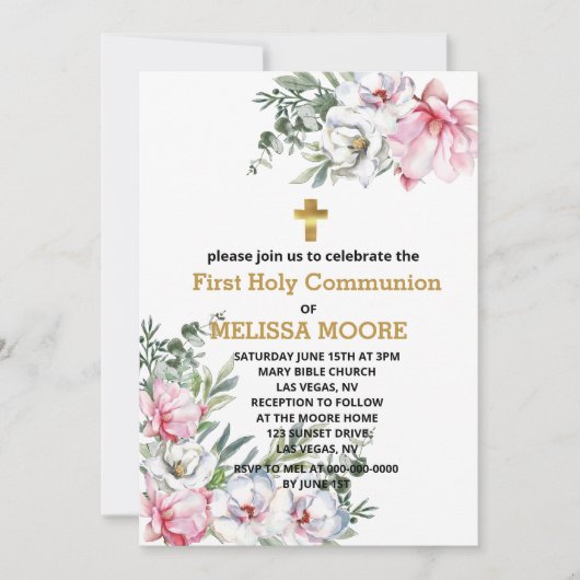 第一聖餐式マグノリアのピンクの白い花 招待状 (正面)