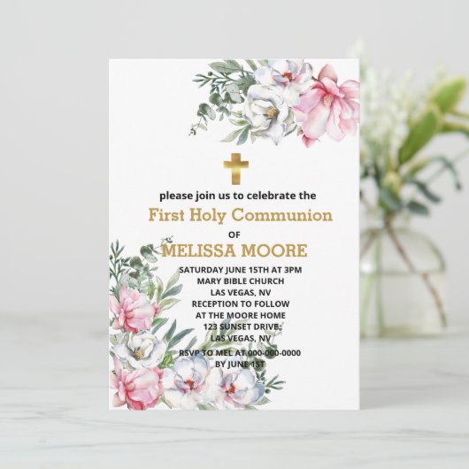 第一聖餐式マグノリアのピンクの白い花 招待状 (スタンド正面)